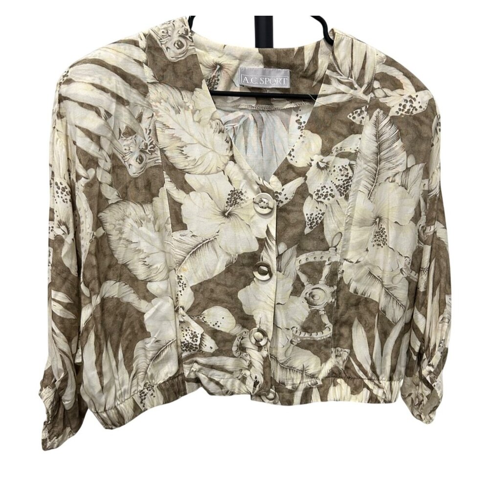 Vintage A.C. Sport Button-Up Cropped Blouse Brown Cream Floral Pattern